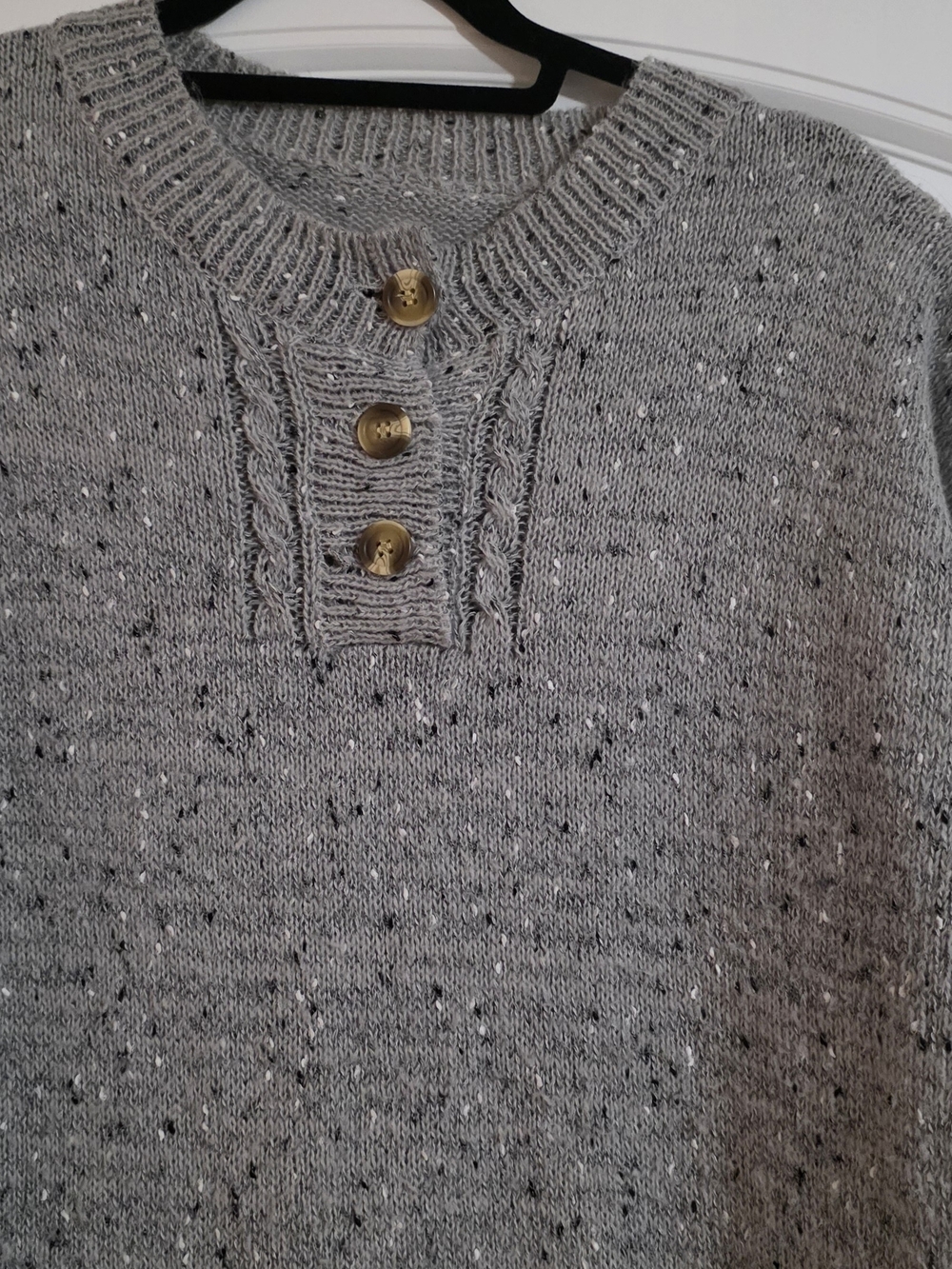 Womans Gray Knit Henley Sweater with Button Placket